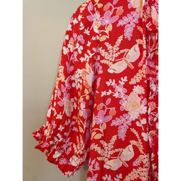 J.McLaughlin‎ Size S Harriet Silk Blend Tiered Midi Dress Coral Floral Butterfly - Picture 7 of 11